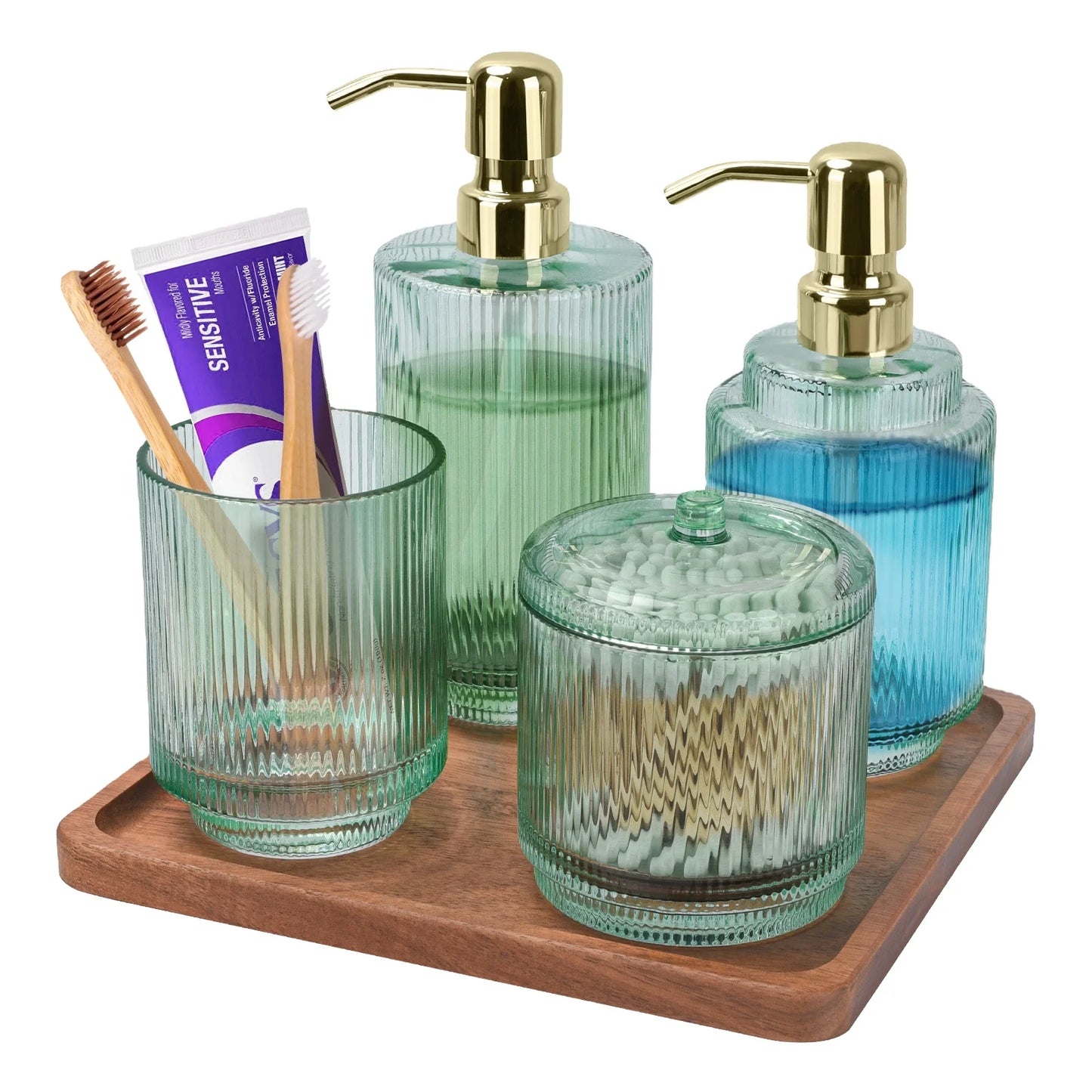 Modern Eco-Friendly Single Green Glasses Bathroom Accessories Set 5 Pieces Including Tumbler Soap Dish Lotion Dispenser Ameni