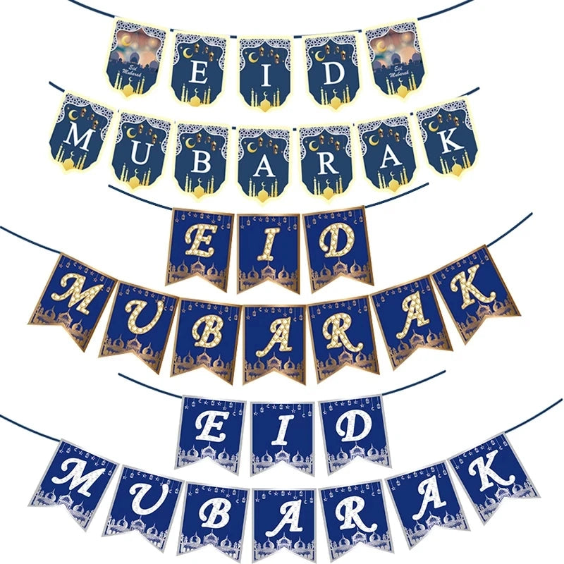 Eid Mubarak Bunting Banner Hanging Eid Mubarak Letter Pull Flag Garland Islamic Gift for Muslim Ramadan Decoration