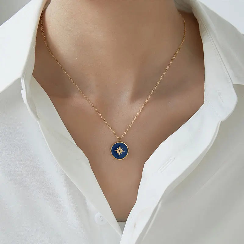 Blue Enamel Geometric Eight-Pointed Star Compass Pendant Necklace Women 18K Gold Plated Stainless Steel Trendy Fashion Jewelr