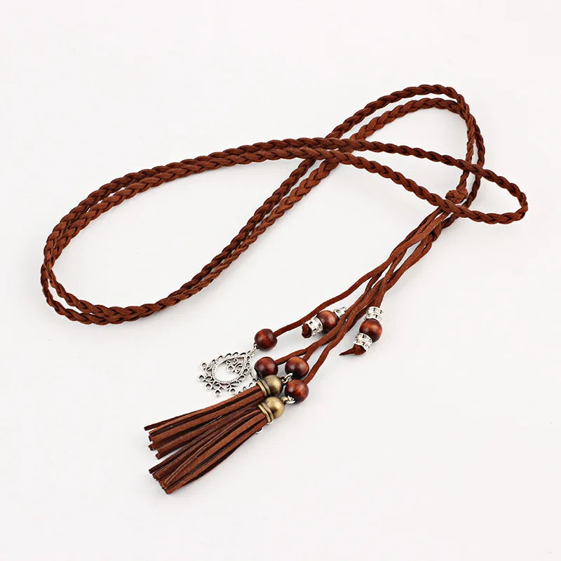 Ethnic Style Handmade Braided Thin Waist Rope Hanfu Horse Face Skirt Accessories Leather Tassel Pendant Belt Wholesale
