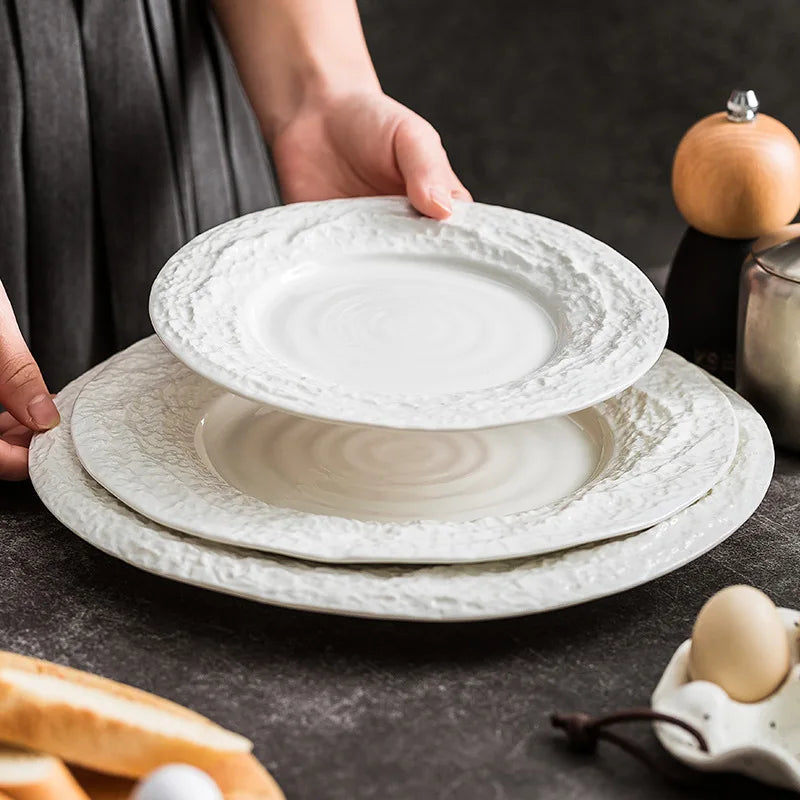 Large Size Embossed Porcelain Dinner Plates Ceramic Stone Pattern Dim Sum Dish for Hotels and Parties