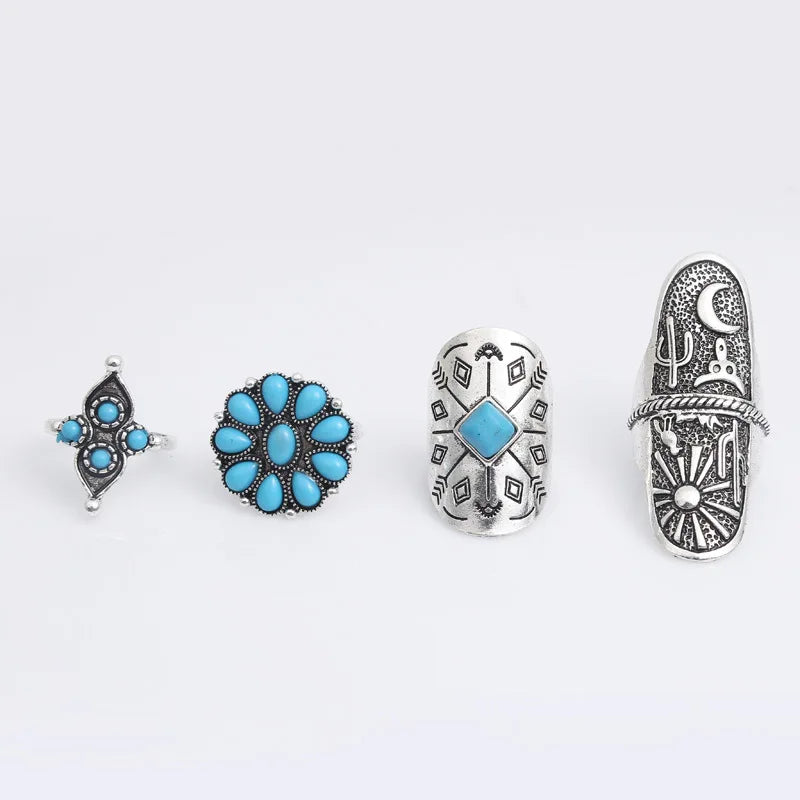 2025 Brand New Retro Bohemian Ethnic Style Natural Stone Rings Turquoise Gemstone Silver Ring Jewelry Ring Set