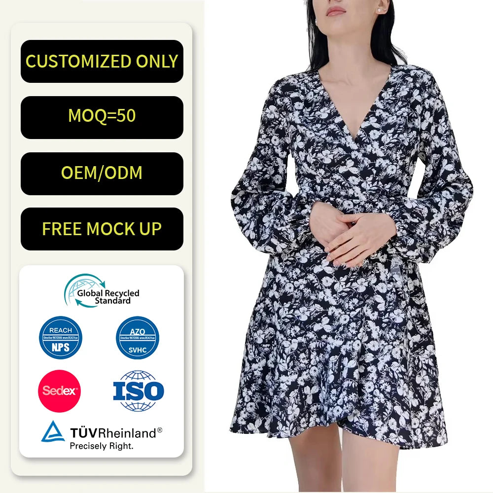 Custom Black Modest Chiffon Elegant Women Lady Casual Maxi V-Neck Dresses Long Sleeve Floral Pattern Natural Dress
