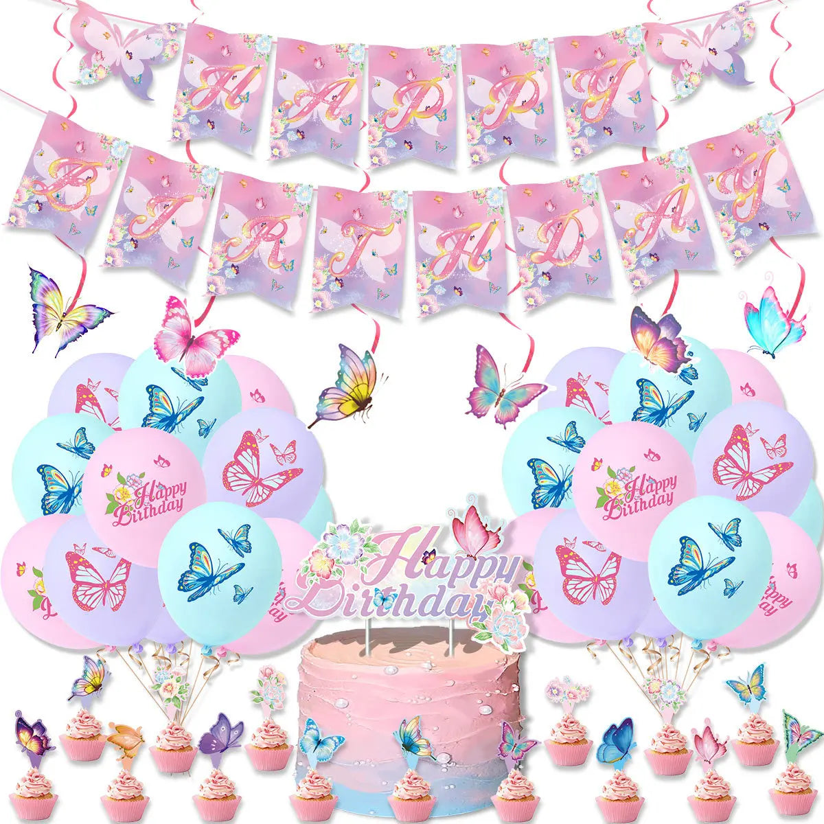 Butterfly Birthday Party Balloon Party Backdrop Butterfly Banner Globos Latex Balloons Party Decorations Cake Topper