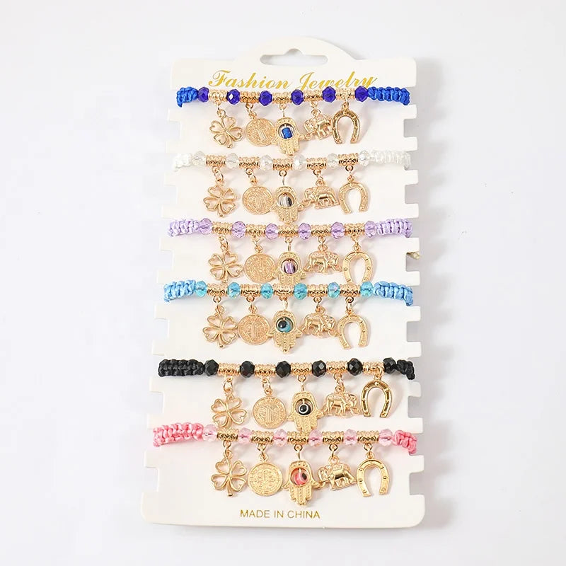 Gold Plated Adjustable Rope Braided Cross Design Charm Bracelet Clover Saint Benedict Fatima Evil Eye Elephant Horseshoe Char