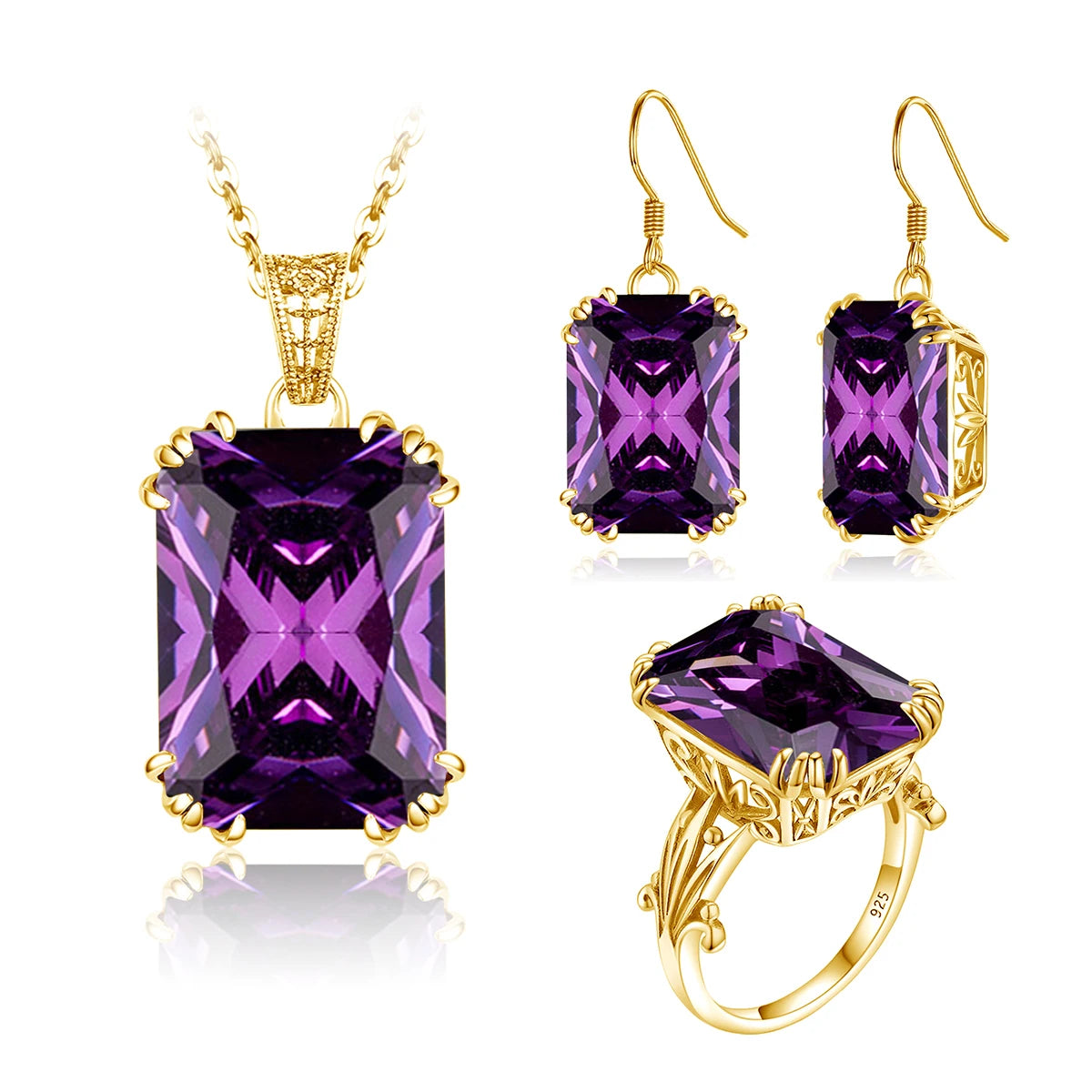 New Women Gemstone Ring Earrings Pendientes Boho Wedding 925 Sterling Silver Amethyst Gold Jewelry Set