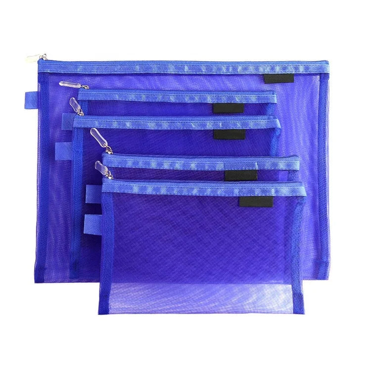 100pcs Custom Logo Durable Portable Large Nylon Travel Blue Zipper Pouch Makeup Bag Trendy Mesh Cosmetic Bag