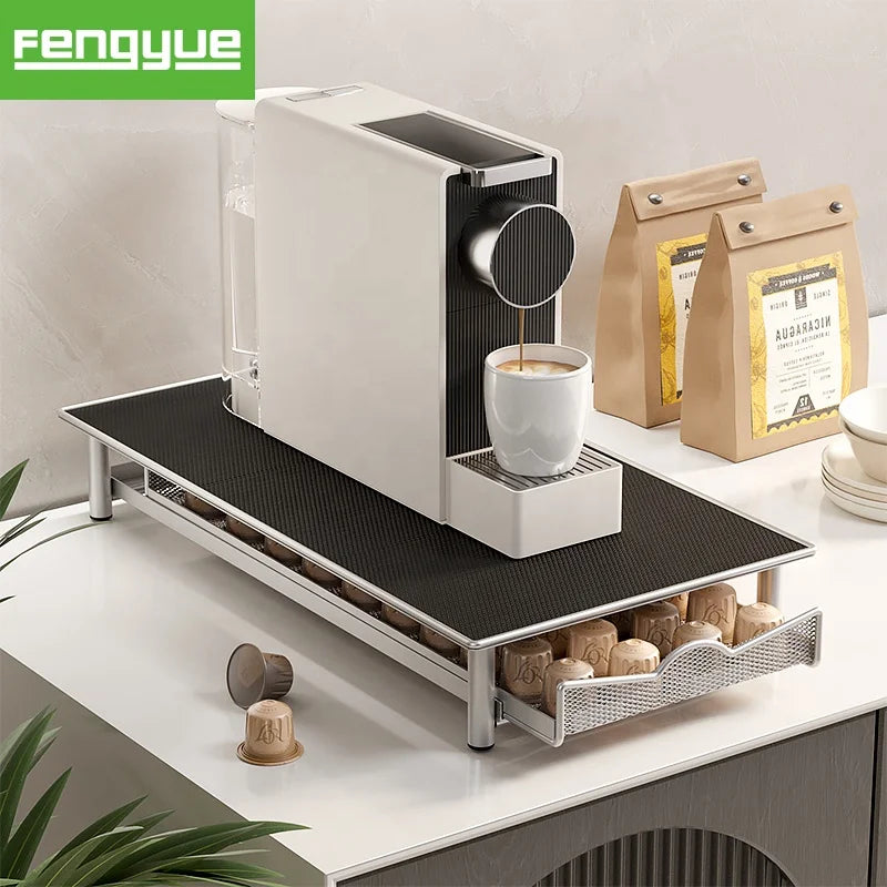 Premium Carbon Steel Coffee Pod Storage Drawer 40 Pods Capacity With Sound-absorbing Eva Top Pad Space-saving Machine Stand