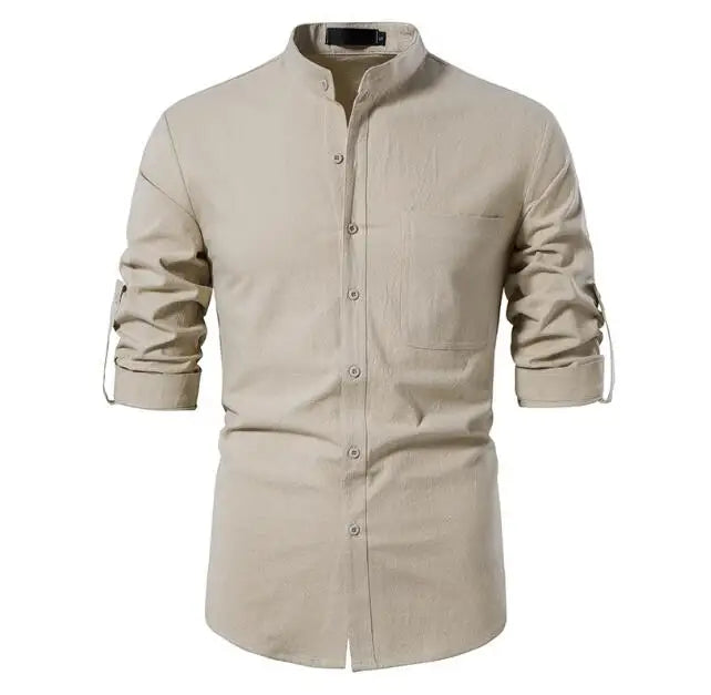 Men's Long Sleeve Shirt Solid Color Linen Button Beach Style Casual Summer Shirts Wholesale Price