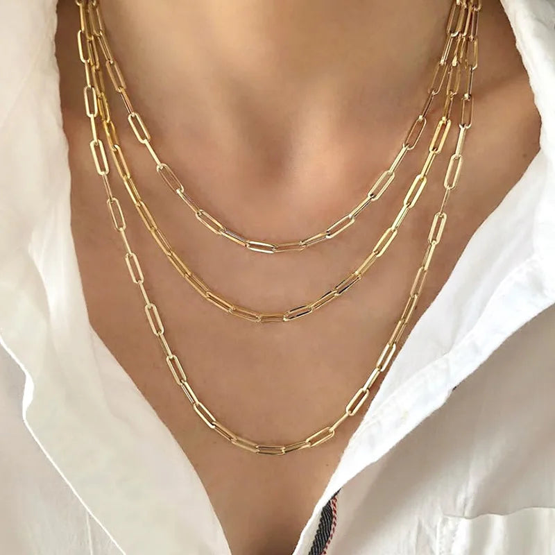 Women 14K Gold Plated Paper Clip Chain Necklace Stainless Steel Rectangle Long Link Paperclip Choker Necklace