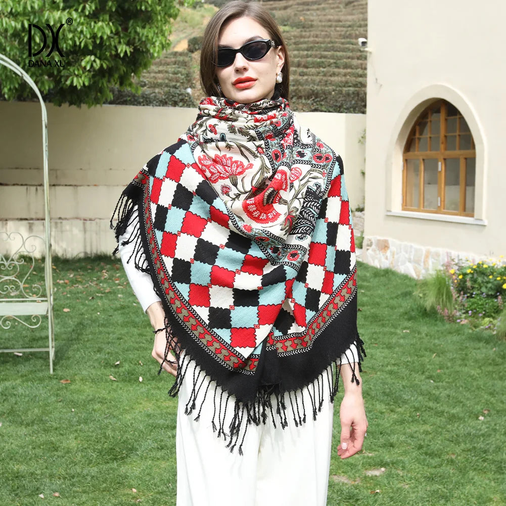 New Luxury Merino Wool Extra Large Oversized Scarf Shawl Wrap with Floral Pattern for Women Winter Use