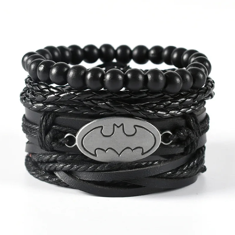 BINSHUO Manufacturers Wholesale Hip Hop Man Jewelry Retro Leather Pirate Punk Beaded Multi-layer Leather Woven Bracelet 4pcs/