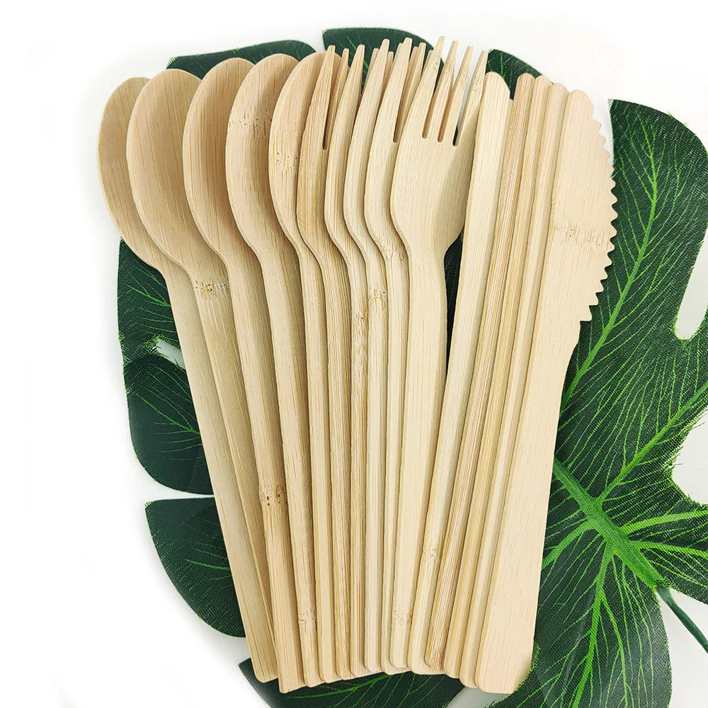 Biodegradable Bamboo Cutlery Travel Set with Craft Bag Includes Wooden Spoon Flatware for Picnic Disposable Party Supplies Ki