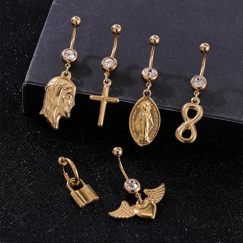 POENNIS Dainty Pregnancy Belly Button Rings Gold Plated Solid Whole Stainless Steel Lock Virgin Mary Wing Heart Belly Dance R