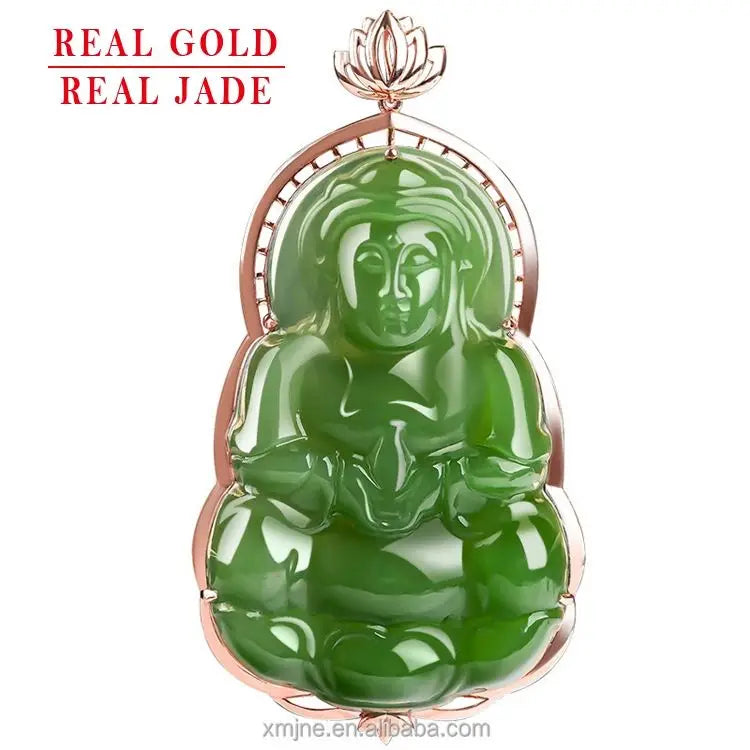 Certified Grade a Spinach Green Hetian Jade Green Jade Avalokitesvara Pendant 18k Rose Gold Pendant Jade Necklace Men and Wom
