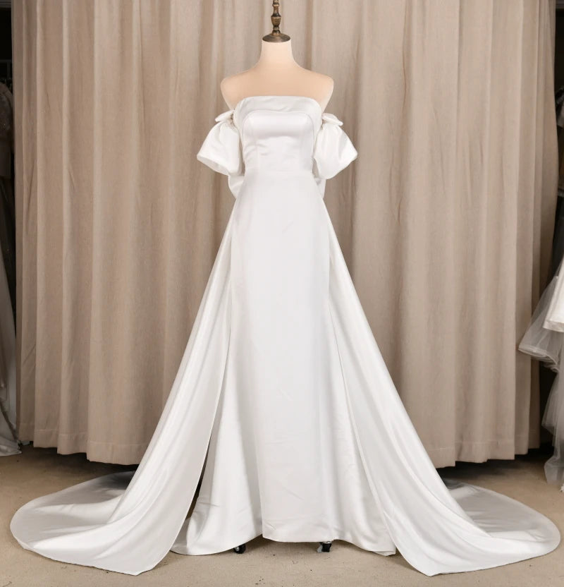 Real Photos Simple Bow Corset Back Strapless Wedding Dress Short Sleeve Satin A-Line Bridal Gown for Wedding Dress Bridal Gow