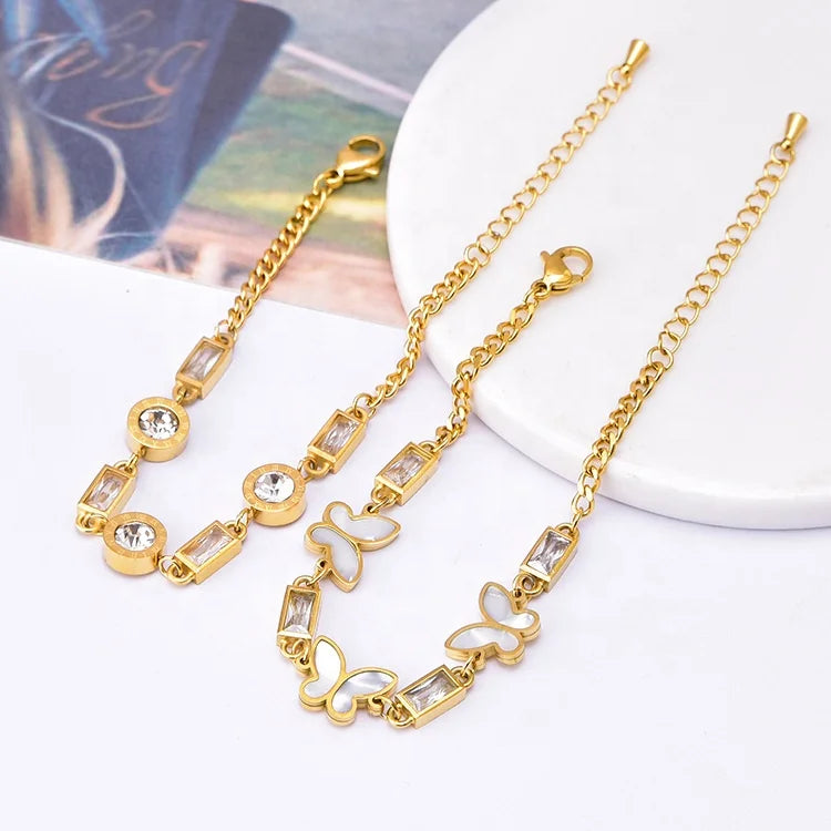 Simple New Trend Fashion Luxury Jewelry Stainless Steel Gold Plated White Fritillaria Butterfly Zircon Women Adjustable Brace