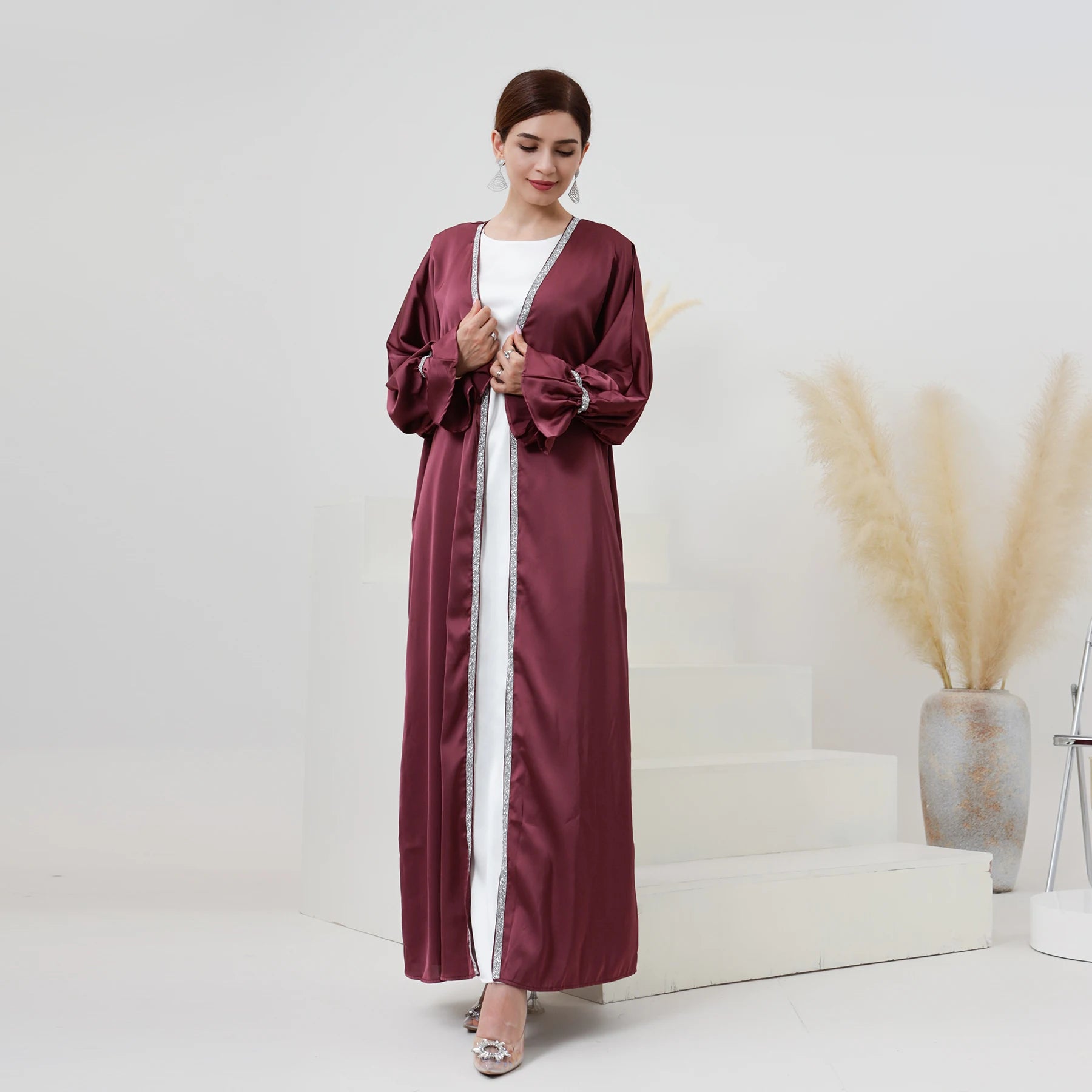 Mexizo Women's Modest Islamic Diamond Cardigan New Design Satin Dubai Abaya Plus Size Traditional Muslim Clothing Accessory