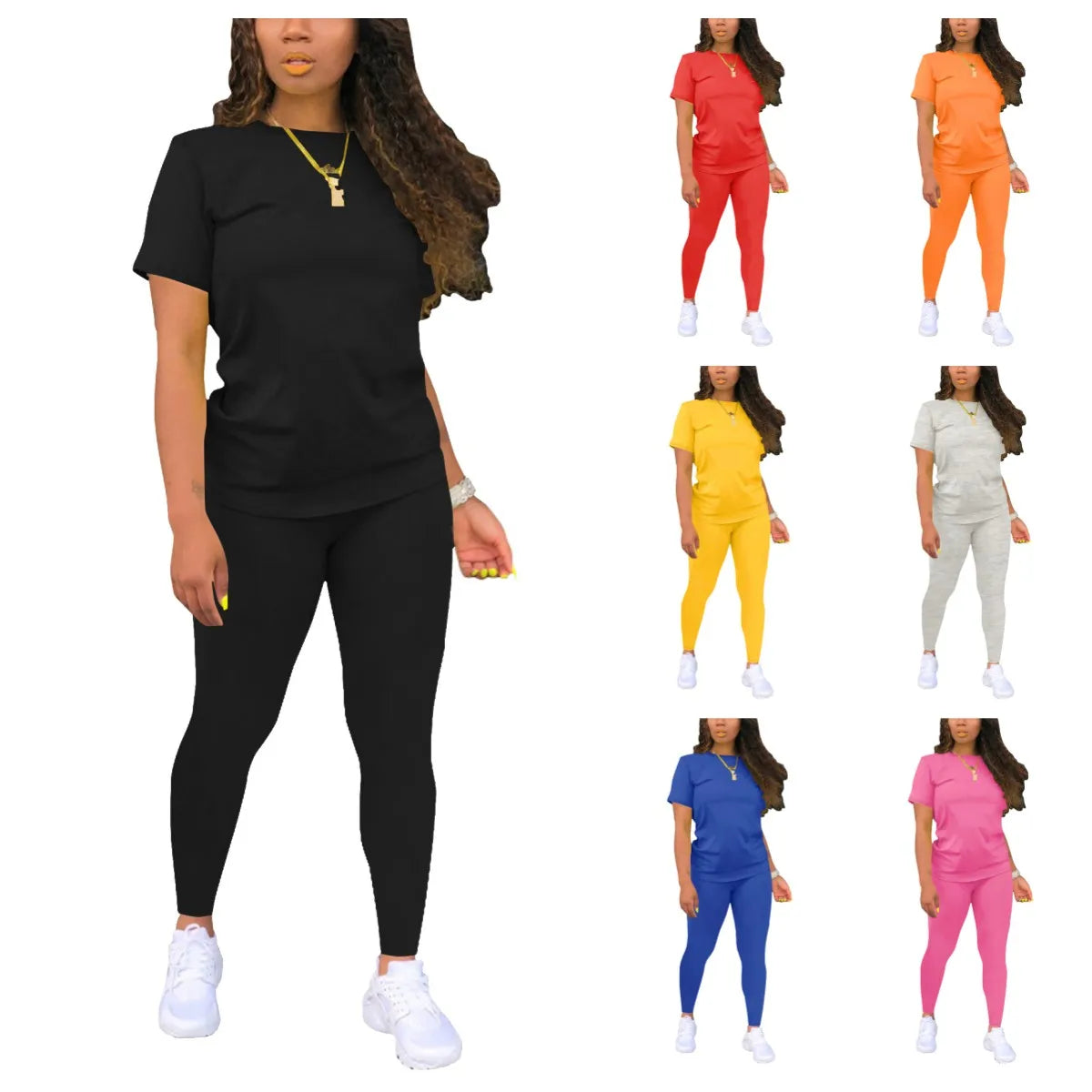 Summer Fashion Custom LOGO Blank 2 Piece Women Set Short Sleeve Solid Tee and Leggings Set for Women