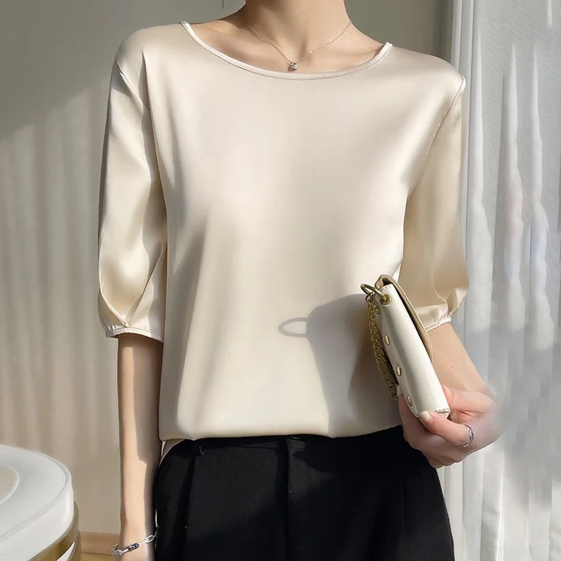 Boutique Wholesale 2026 Spring New Round Neck Loose Solid Color Acetate Satin Versatile Women's T-shirt