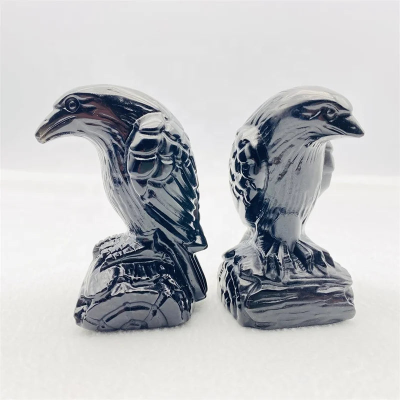 Wholesale Hand Carved Natural Crystal Animal Black Obsidian Crow for Decoration