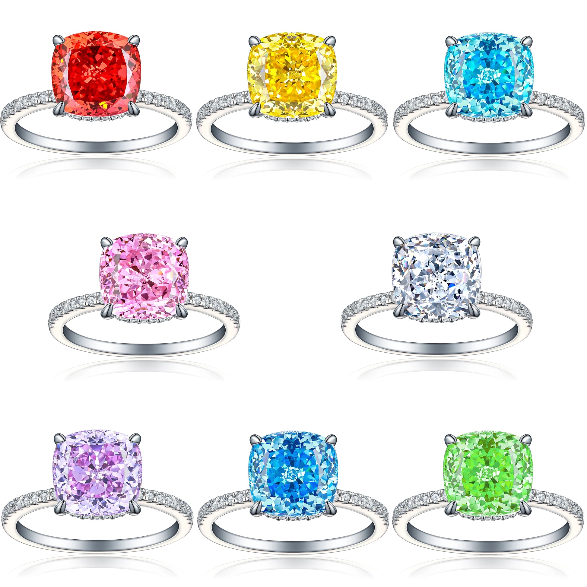 Personalized Classic Luxury Colorful Square Shape Women Silver Rings High Quality CZ Rhodium Plated Wedding Rings