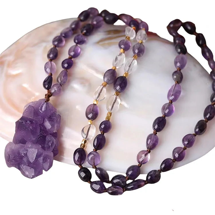 Amethyst Chip Beads Crafts Jewelry  Cluster Flower Crystal Pendant Mala Necklace for Yoga Women Gift
