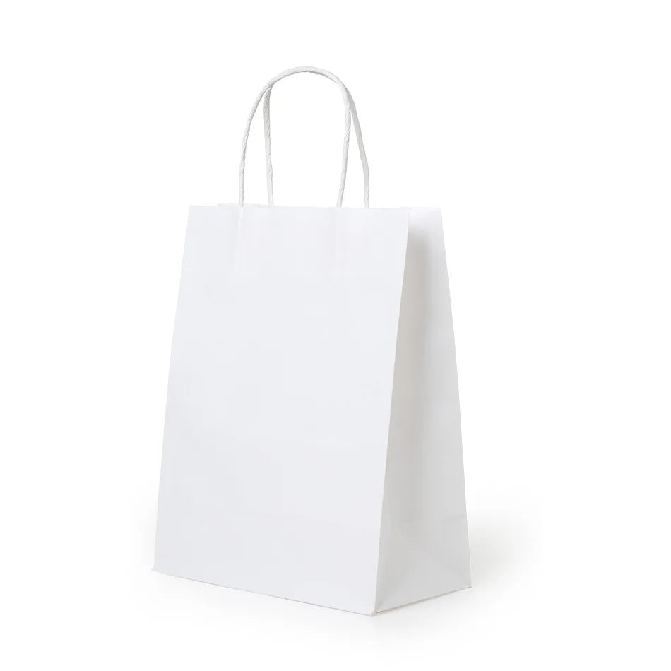 White 210*150*80mm Factory RTS Recyclable Kraft Paper Carry Handle Bag with Bio-Degradable Brown Twisted Handles Stock Availa