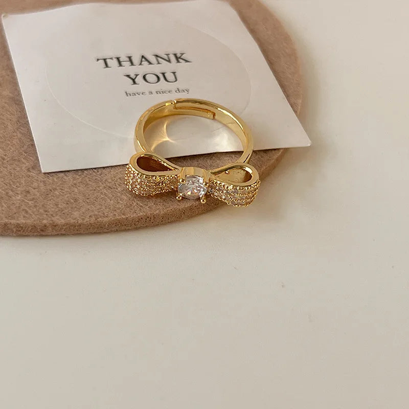 2025 New Arrival Statement 18K Gold Plated Rings Resizable Moissanite Rings Women  Fashion Jewelry Bead Bow Ring for Girls