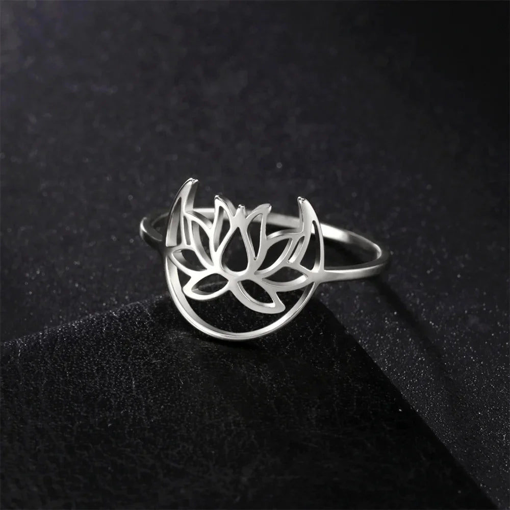 Lotus Crescent Ring Women Stainless Steel Yoga Flower Amulet Finger Rings Bohemian Jewelry Birthday Gift Wholesale New in