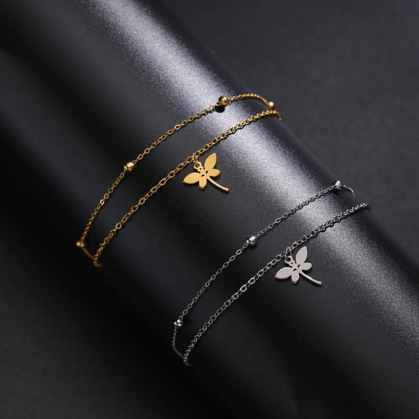 Dragonfly Charm Double Layer Beads Chain Bracelet Cute Animal Ornaments Stainless Steel Jewelry Gift for Best Friend Girlfrie
