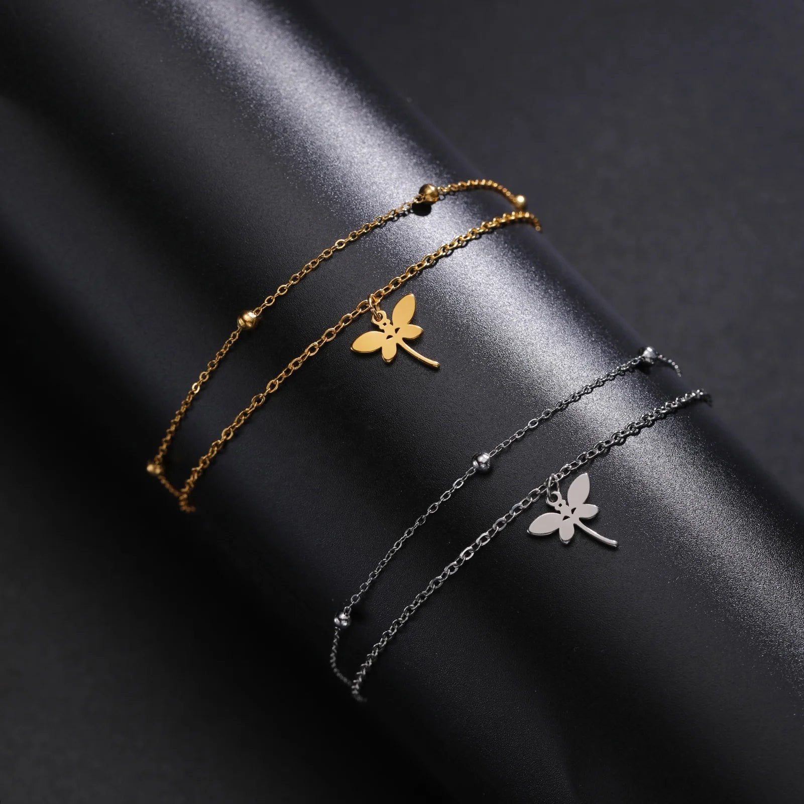 Dragonfly Charm Double Layer Beads Chain Bracelet Cute Animal Ornaments Stainless Steel Jewelry Gift for Best Friend Girlfrie