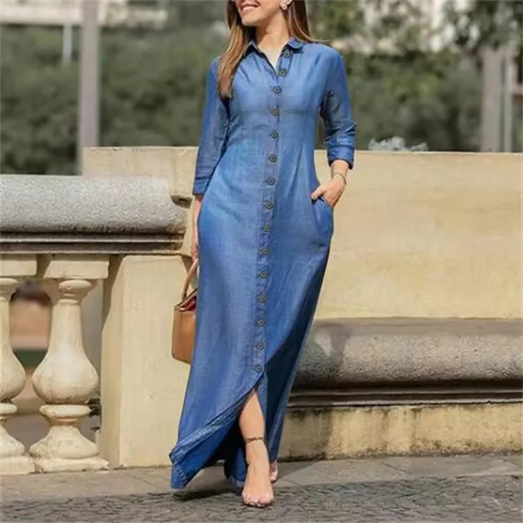 Woman Dress New Temperament Elegant Fashion Long Sleeved Lapel Solid Color Denim Long Dresses Streetwear
