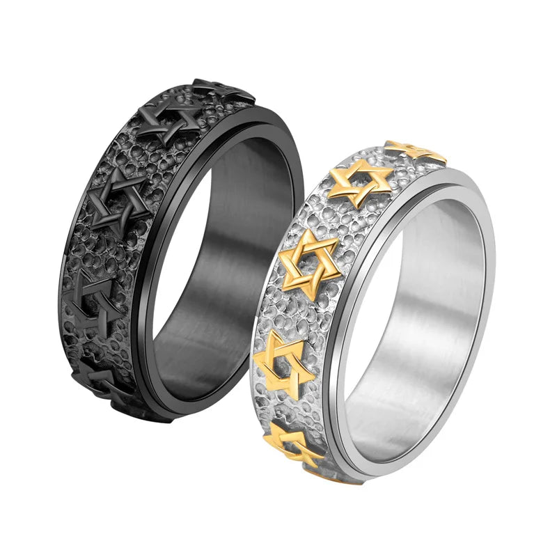 YK Retro New Trendy Hand Decoration Stainless Steel Fashionable Six Pointed Star Rotating Ring for Men's Antique Style Ring