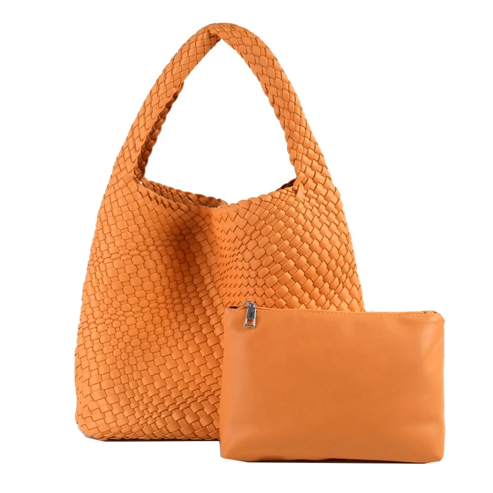 Big Fashion Women Classic Pu Leather Woven Tote Bag with Small Pouch Purse Set Lady Elegant Braided Hobo Bag From Guangzhou