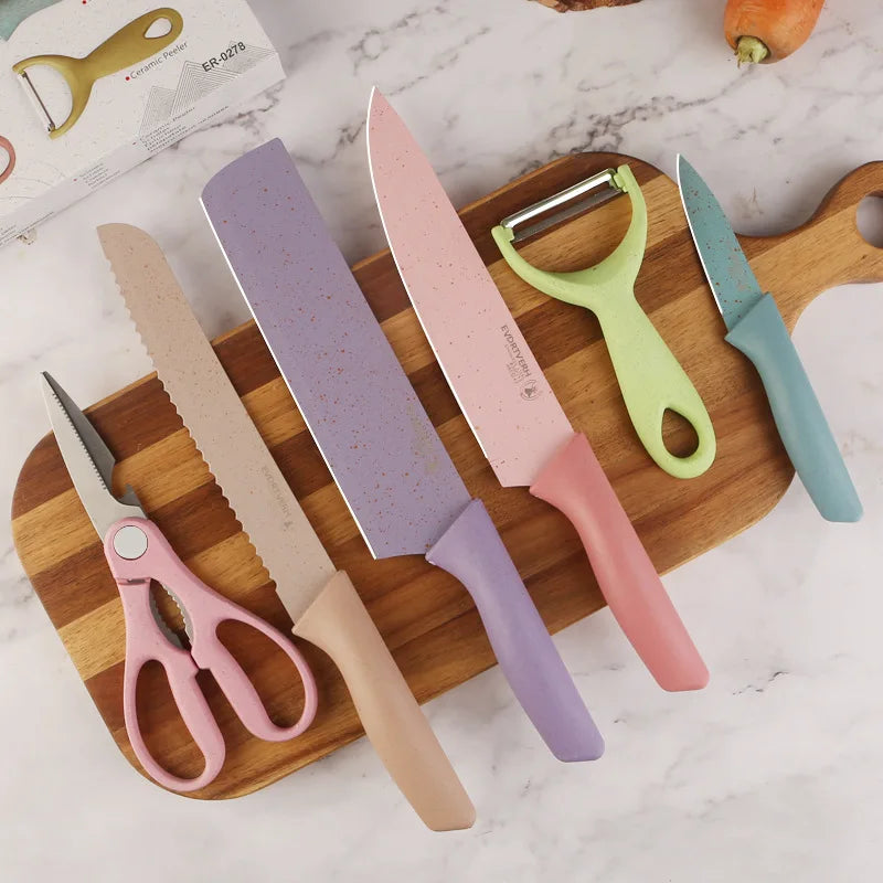 Chinese Kitchen Knife Professional Stainless Steel Cutting Tools Wheat Straw Six Piece Kitchenware Gift Box