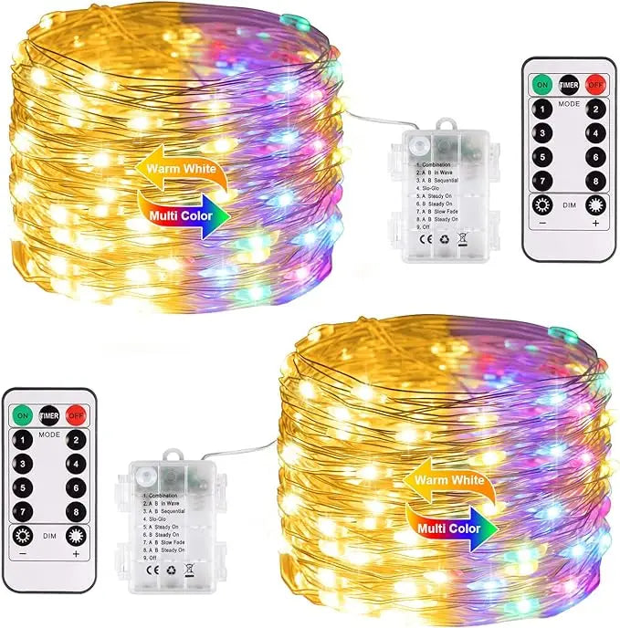Color Changing Fairy Lights Battery Operated Christmas Copper Lights with Remote for Bedroom Party Decor Warm White & Multico
