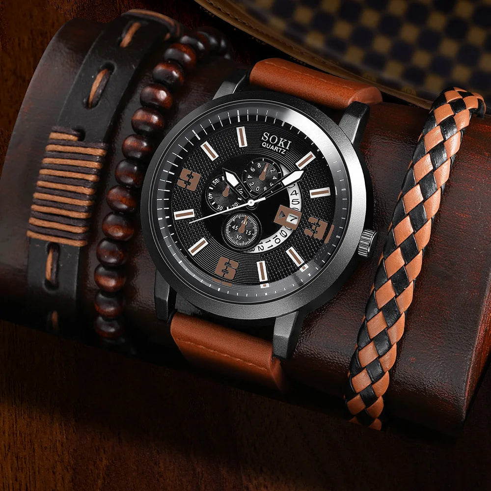 WGS-01 Men's Business Alloy 4 Pcs Watch and Bracelet Set Casual Leather Strap Number Date Quartz Wristwatch Fashion Watch