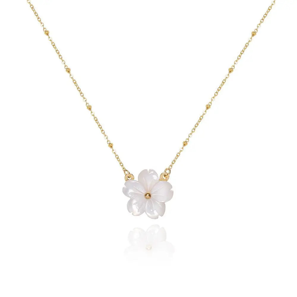 Fenny 18K PVD Plated No Fade Fashion White Shell Peach Blossom Beautiful Flower Pendant Necklace Stainless Steel Jewelry