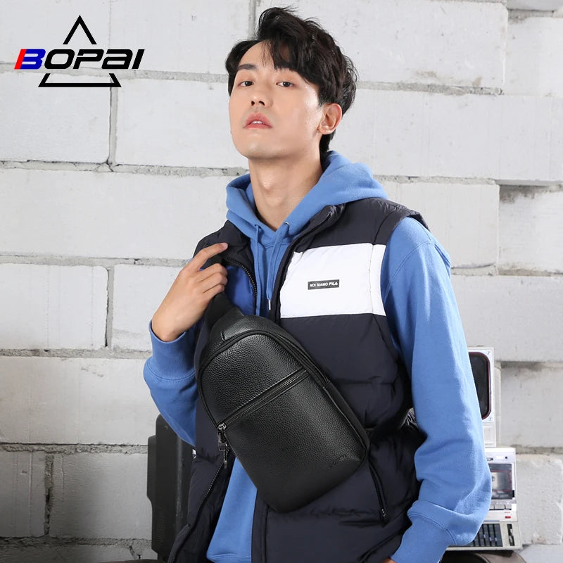 BOPAI Custom logo Fashion Cell Phone Ultralight Saccoche Pour Homme Cowhide Real Leather Crossbody Sling Shoulder Bag for Men