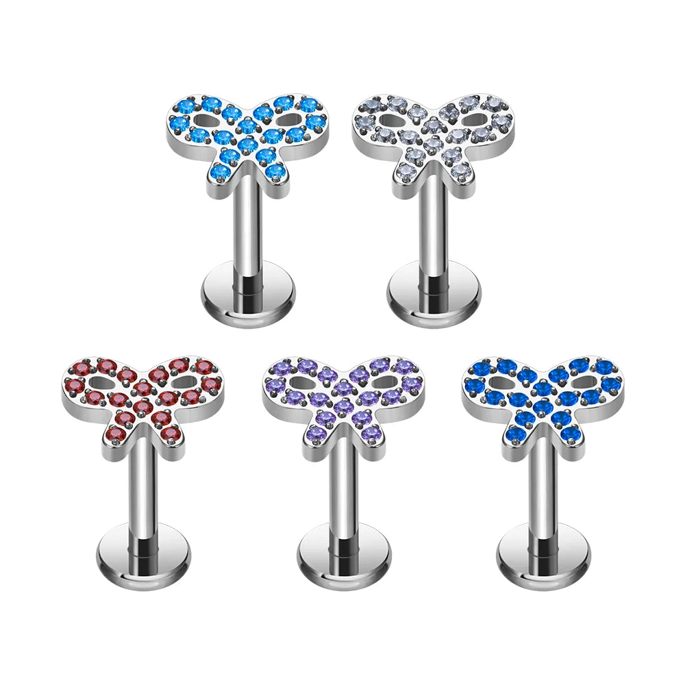 Fashion Conch Tragus Helix  Stud CZ Paved G23 Titanium Butterfly Thread Labret Lip Earring Body Jewelry