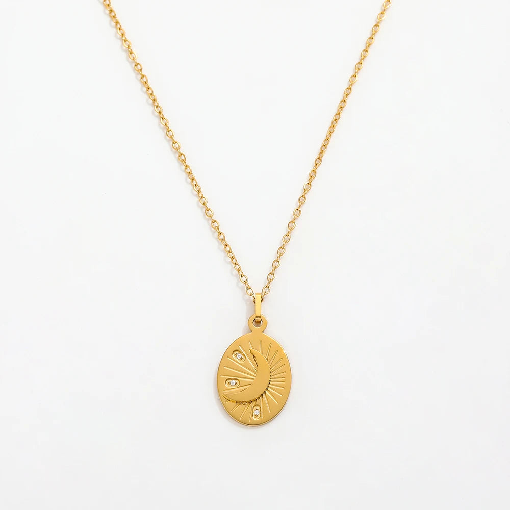 Fenny  Wholesale 18K PVD Plated Stylish Smile Face Star Moon Zirconia Pendant Stainless Steel Choke Chain Necklace for Women