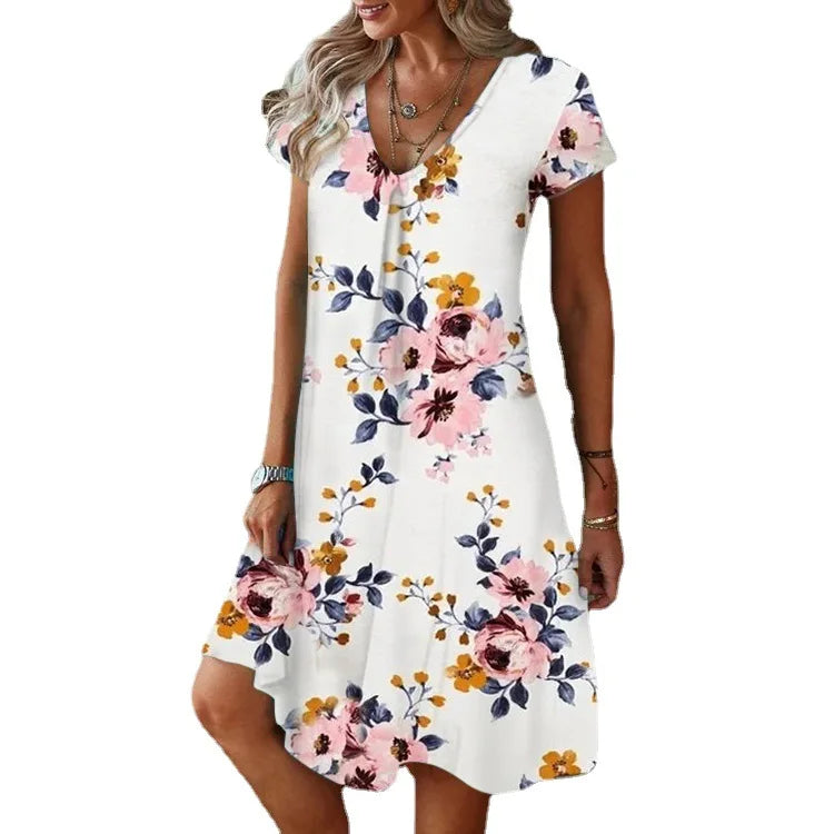 Women's Party Formal V-Neck Summer Jersey Dress Long Knee Floral Printed Full Digital Regular Fit Short Sleeved Woven Breatha