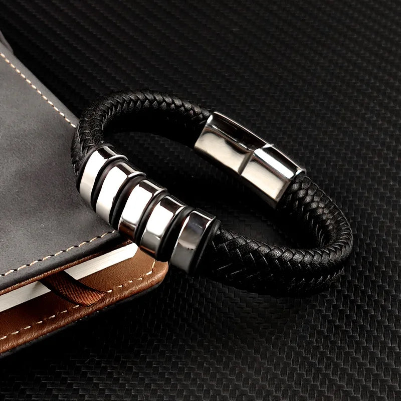 BS31166  Wholesale Stainless Steel Clasp Brown Braided Leather Bracelet Men's Wide Leather Bracelet with Leather and Gold Til