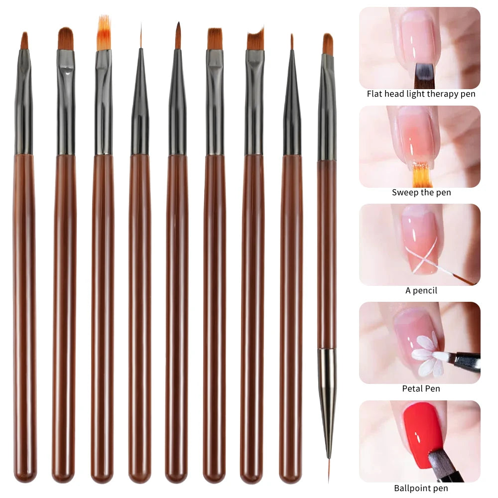9Pcs Nail Art Set Brushes Acrylic Handle Gel Extension Drawing Brown Painting Wire Carving Design Manicure Decorate Tools