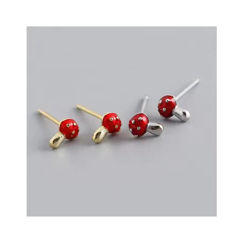 Lovely Cute 925 Sterling Silver Red Enamel Mushroom Stud Earrings for Women