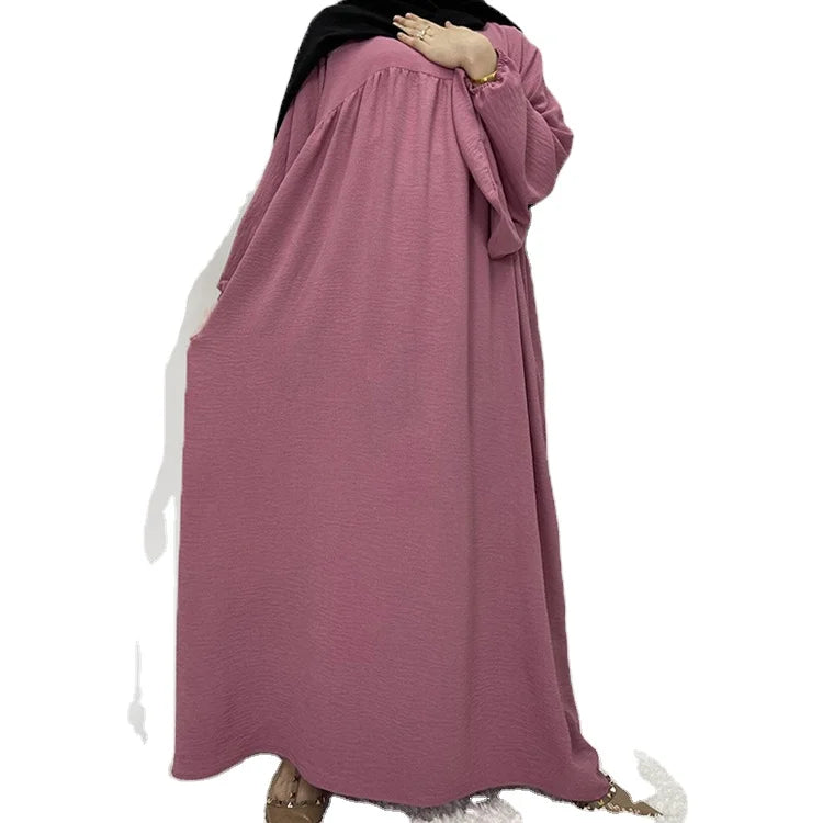 Pleated Fabric Solid Color Long Free Size Big Elastic Cuff  Arabic Women Eid Abaya Women Muslim Robe