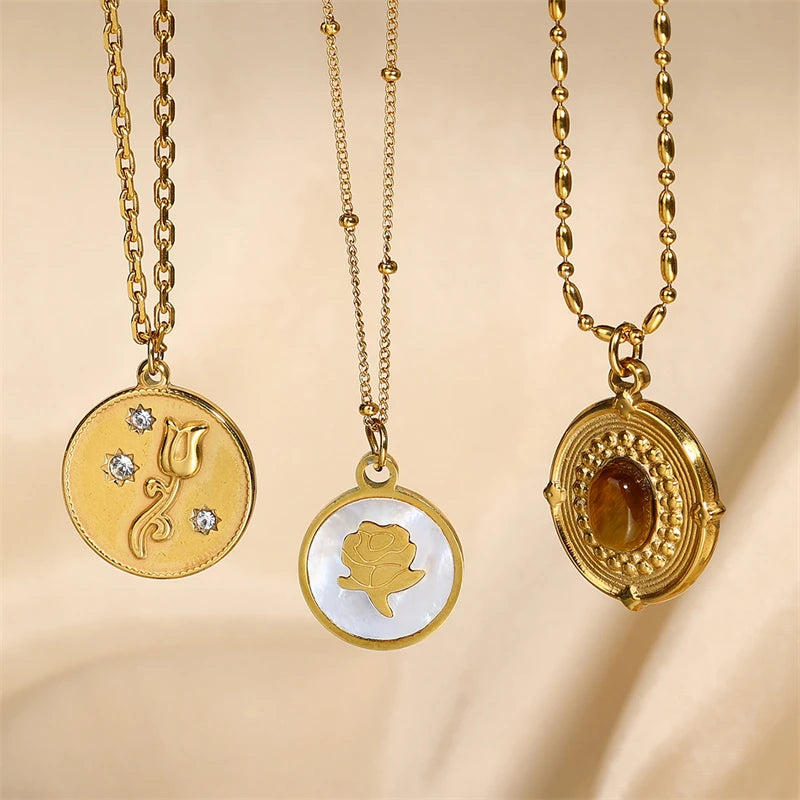 Waterproof Vintage Women Stainless Steel Flower Pendant 18K Gold Plated Necklace Jewelry