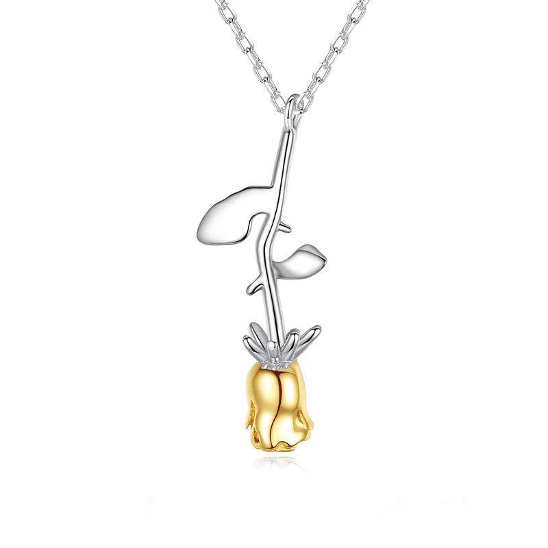 Real 925 Sterling Silver Gold Rose Flower Pendant Necklace Fine Jewelry Clavicle Chain for Valentine's Day Gift