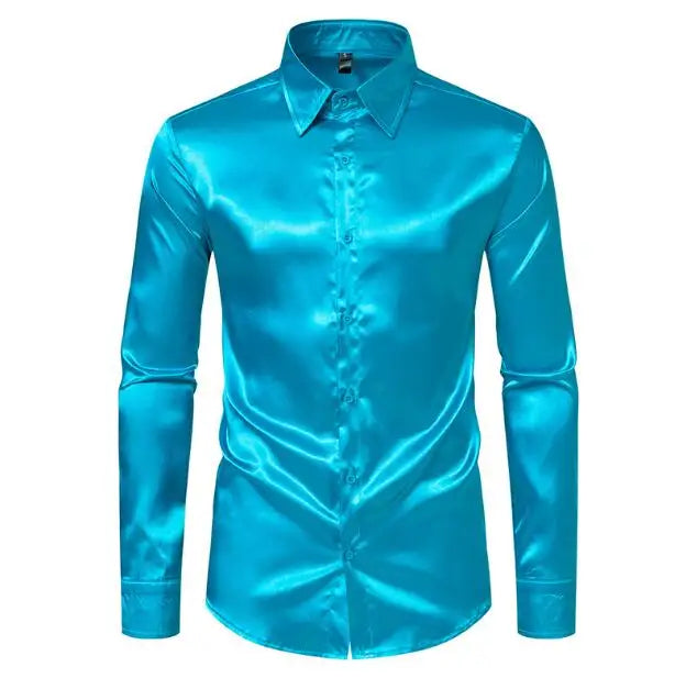 Men's Satin Nightclub Long Sleeved Shirt Solid Color Wedding Party Clothing Lapel Business Casual Shirts